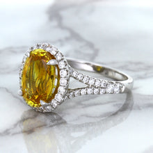 Load image into Gallery viewer, 3.64ct Oval Yellow Sapphire Ring with Diamond Halo in 18K White Gold