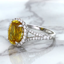 Load image into Gallery viewer, 3.64ct Oval Yellow Sapphire Ring with Diamond Halo in 18K White Gold