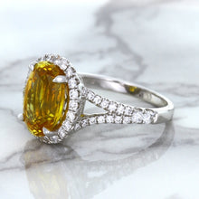 Load image into Gallery viewer, 3.64ct Oval Yellow Sapphire Ring with Diamond Halo in 18K White Gold