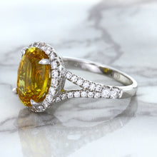Load image into Gallery viewer, 3.64ct Oval Yellow Sapphire Ring with Diamond Halo in 18K White Gold