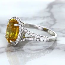 Load image into Gallery viewer, 3.64ct Oval Yellow Sapphire Ring with Diamond Halo in 18K White Gold