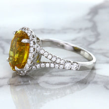 Load image into Gallery viewer, 3.64ct Oval Yellow Sapphire Ring with Diamond Halo in 18K White Gold
