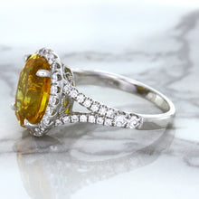 Load image into Gallery viewer, 3.64ct Oval Yellow Sapphire Ring with Diamond Halo in 18K White Gold