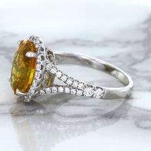 Load image into Gallery viewer, 3.64ct Oval Yellow Sapphire Ring with Diamond Halo in 18K White Gold