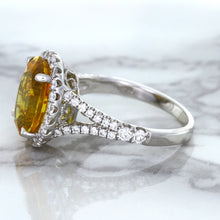 Load image into Gallery viewer, 3.64ct Oval Yellow Sapphire Ring with Diamond Halo in 18K White Gold