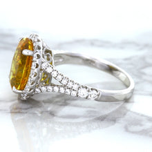Load image into Gallery viewer, 3.64ct Oval Yellow Sapphire Ring with Diamond Halo in 18K White Gold