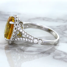 Load image into Gallery viewer, 3.64ct Oval Yellow Sapphire Ring with Diamond Halo in 18K White Gold