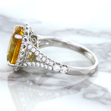 Load image into Gallery viewer, 3.64ct Oval Yellow Sapphire Ring with Diamond Halo in 18K White Gold