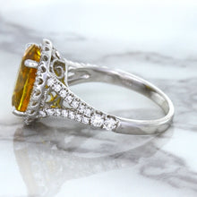Load image into Gallery viewer, 3.64ct Oval Yellow Sapphire Ring with Diamond Halo in 18K White Gold