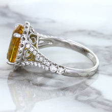 Load image into Gallery viewer, 3.64ct Oval Yellow Sapphire Ring with Diamond Halo in 18K White Gold