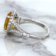 Load image into Gallery viewer, 3.64ct Oval Yellow Sapphire Ring with Diamond Halo in 18K White Gold
