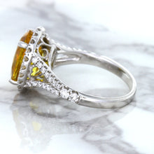 Load image into Gallery viewer, 3.64ct Oval Yellow Sapphire Ring with Diamond Halo in 18K White Gold