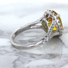 Load image into Gallery viewer, 3.64ct Oval Yellow Sapphire Ring with Diamond Halo in 18K White Gold