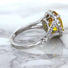 Load image into Gallery viewer, 3.64ct Oval Yellow Sapphire Ring with Diamond Halo in 18K White Gold