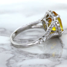 Load image into Gallery viewer, 3.64ct Oval Yellow Sapphire Ring with Diamond Halo in 18K White Gold