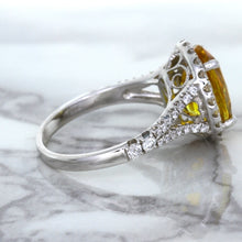 Load image into Gallery viewer, 3.64ct Oval Yellow Sapphire Ring with Diamond Halo in 18K White Gold