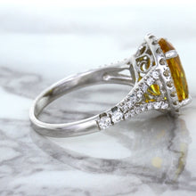 Load image into Gallery viewer, 3.64ct Oval Yellow Sapphire Ring with Diamond Halo in 18K White Gold