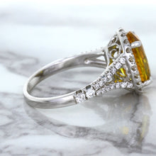 Load image into Gallery viewer, 3.64ct Oval Yellow Sapphire Ring with Diamond Halo in 18K White Gold