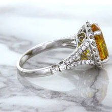 Load image into Gallery viewer, 3.64ct Oval Yellow Sapphire Ring with Diamond Halo in 18K White Gold