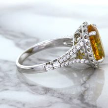 Load image into Gallery viewer, 3.64ct Oval Yellow Sapphire Ring with Diamond Halo in 18K White Gold