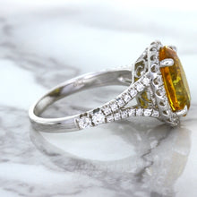 Load image into Gallery viewer, 3.64ct Oval Yellow Sapphire Ring with Diamond Halo in 18K White Gold