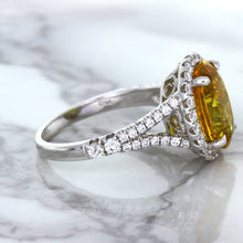 Load image into Gallery viewer, 3.64ct Oval Yellow Sapphire Ring with Diamond Halo in 18K White Gold