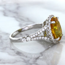 Load image into Gallery viewer, 3.64ct Oval Yellow Sapphire Ring with Diamond Halo in 18K White Gold