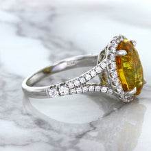 Load image into Gallery viewer, 3.64ct Oval Yellow Sapphire Ring with Diamond Halo in 18K White Gold