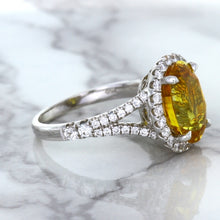Load image into Gallery viewer, 3.64ct Oval Yellow Sapphire Ring with Diamond Halo in 18K White Gold