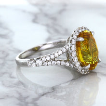 Load image into Gallery viewer, 3.64ct Oval Yellow Sapphire Ring with Diamond Halo in 18K White Gold
