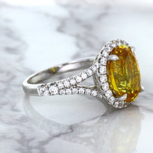 Load image into Gallery viewer, 3.64ct Oval Yellow Sapphire Ring with Diamond Halo in 18K White Gold