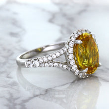 Load image into Gallery viewer, 3.64ct Oval Yellow Sapphire Ring with Diamond Halo in 18K White Gold
