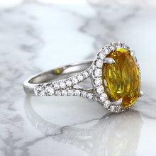 Load image into Gallery viewer, 3.64ct Oval Yellow Sapphire Ring with Diamond Halo in 18K White Gold