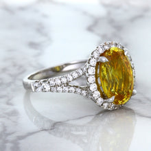 Load image into Gallery viewer, 3.64ct Oval Yellow Sapphire Ring with Diamond Halo in 18K White Gold