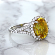 Load image into Gallery viewer, 3.64ct Oval Yellow Sapphire Ring with Diamond Halo in 18K White Gold