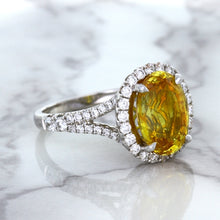 Load image into Gallery viewer, 3.64ct Oval Yellow Sapphire Ring with Diamond Halo in 18K White Gold