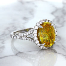 Load image into Gallery viewer, 3.64ct Oval Yellow Sapphire Ring with Diamond Halo in 18K White Gold