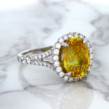 Load image into Gallery viewer, 3.64ct Oval Yellow Sapphire Ring with Diamond Halo in 18K White Gold