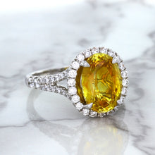 Load image into Gallery viewer, 3.64ct Oval Yellow Sapphire Ring with Diamond Halo in 18K White Gold