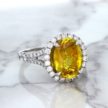 Load image into Gallery viewer, 3.64ct Oval Yellow Sapphire Ring with Diamond Halo in 18K White Gold