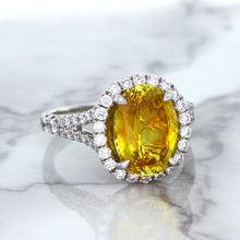 Load image into Gallery viewer, 3.64ct Oval Yellow Sapphire Ring with Diamond Halo in 18K White Gold