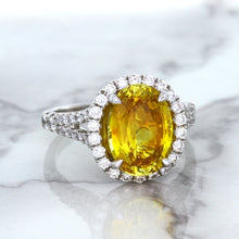 Load image into Gallery viewer, 3.64ct Oval Yellow Sapphire Ring with Diamond Halo in 18K White Gold