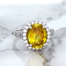 Load image into Gallery viewer, 3.64ct Oval Yellow Sapphire Ring with Diamond Halo in 18K White Gold
