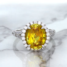 Load image into Gallery viewer, 3.64ct Oval Yellow Sapphire Ring with Diamond Halo in 18K White Gold