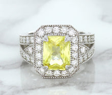 Load image into Gallery viewer, 3.64ct Radiant Yellow Sapphire Ring with Diamond Halo in 18K White Gold