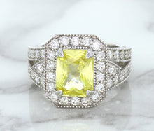 Load image into Gallery viewer, 3.64ct Radiant Yellow Sapphire Ring with Diamond Halo in 18K White Gold