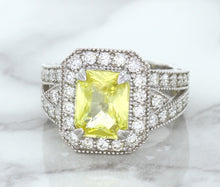 Load image into Gallery viewer, 3.64ct Radiant Yellow Sapphire Ring with Diamond Halo in 18K White Gold