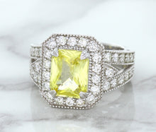 Load image into Gallery viewer, 3.64ct Radiant Yellow Sapphire Ring with Diamond Halo in 18K White Gold