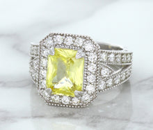 Load image into Gallery viewer, 3.64ct Radiant Yellow Sapphire Ring with Diamond Halo in 18K White Gold