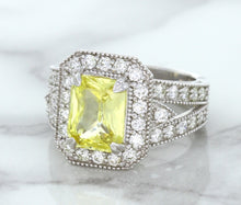 Load image into Gallery viewer, 3.64ct Radiant Yellow Sapphire Ring with Diamond Halo in 18K White Gold
